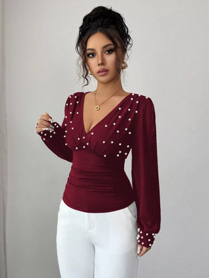 Pearl Embellished V - Neck Blouse - StyleLure