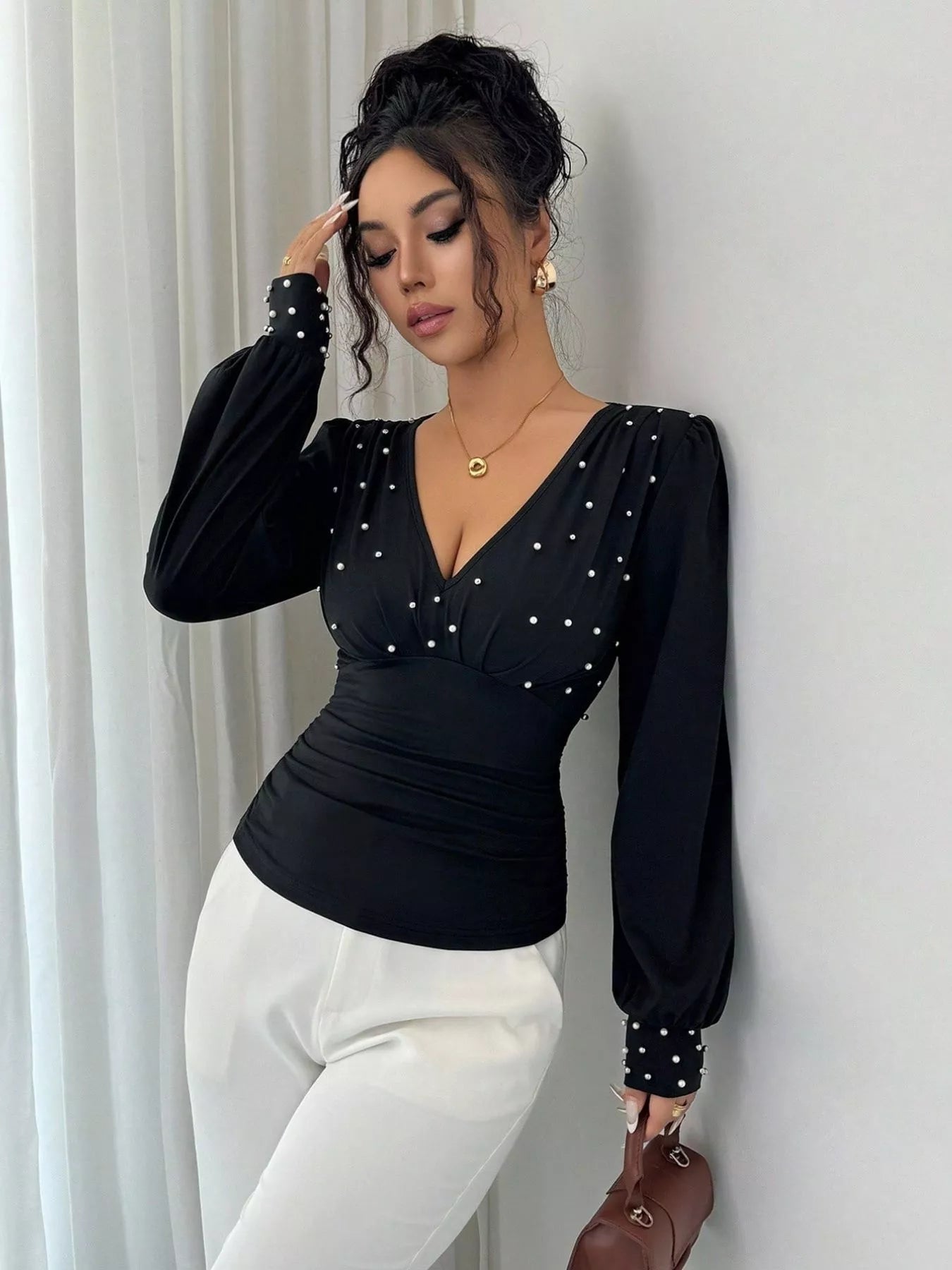Pearl Embellished V - Neck Blouse - StyleLure