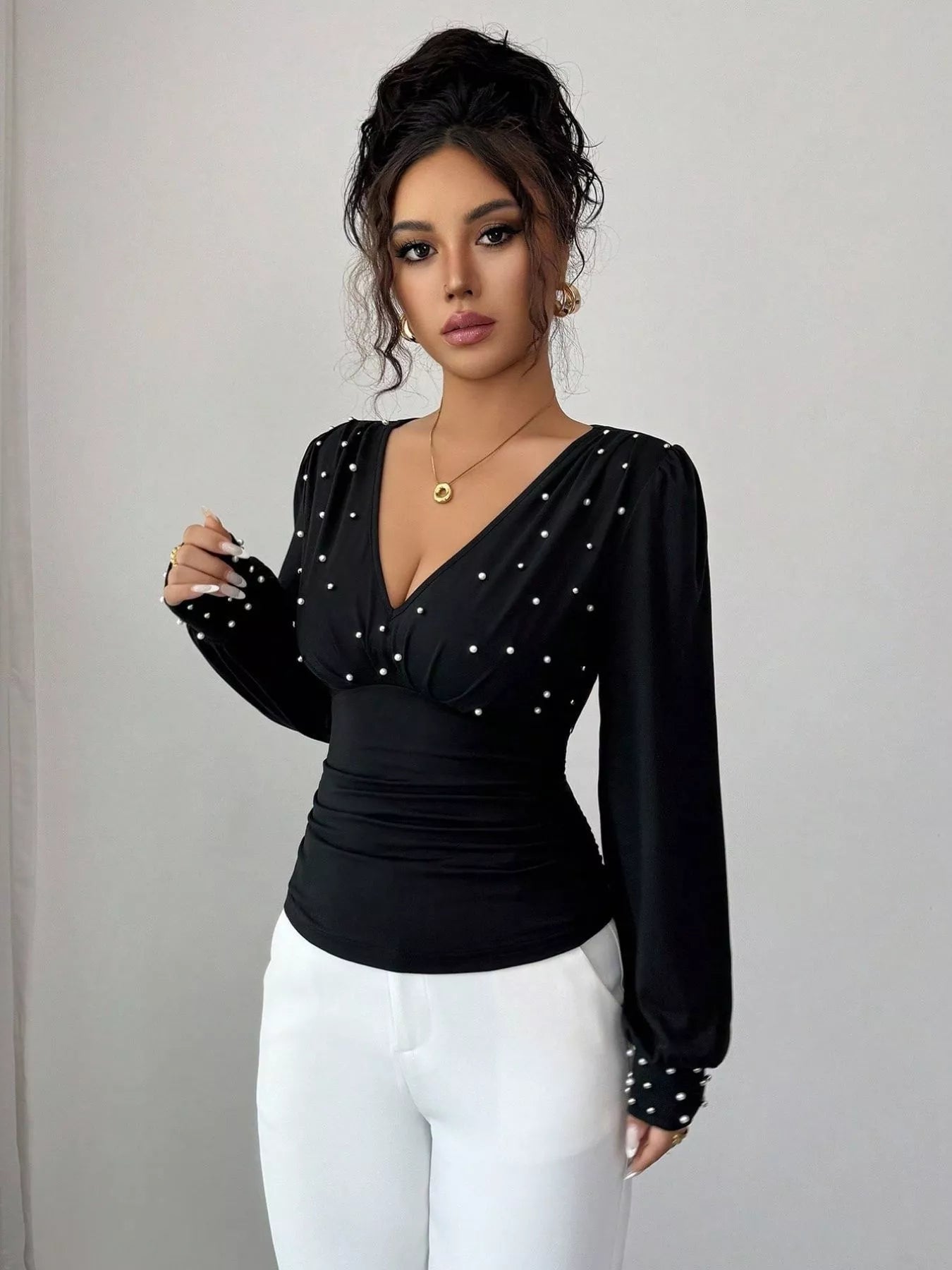Pearl Embellished V - Neck Blouse - StyleLure