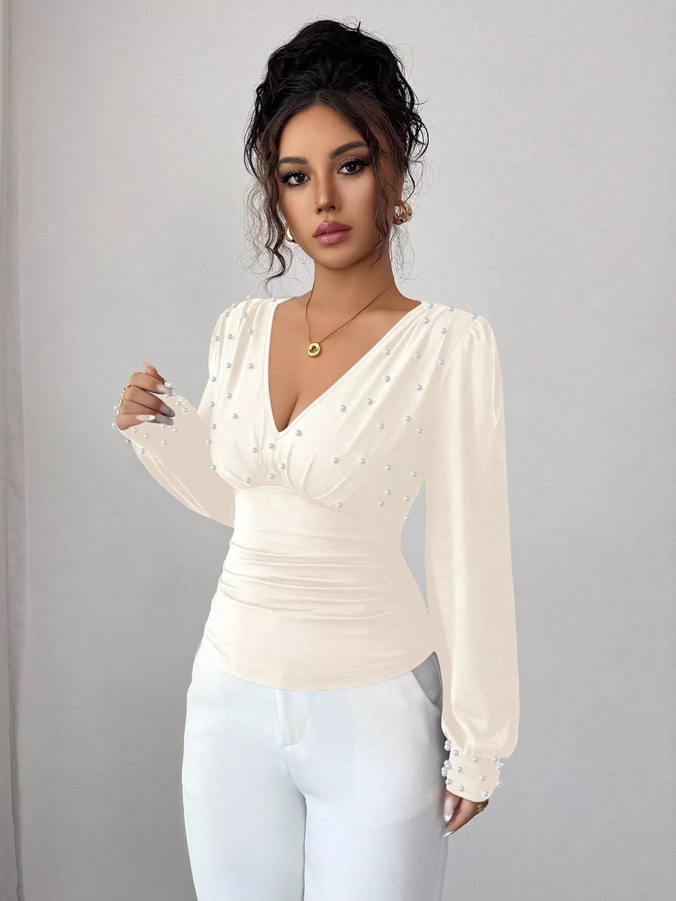 Pearl Embellished V - Neck Blouse - StyleLure