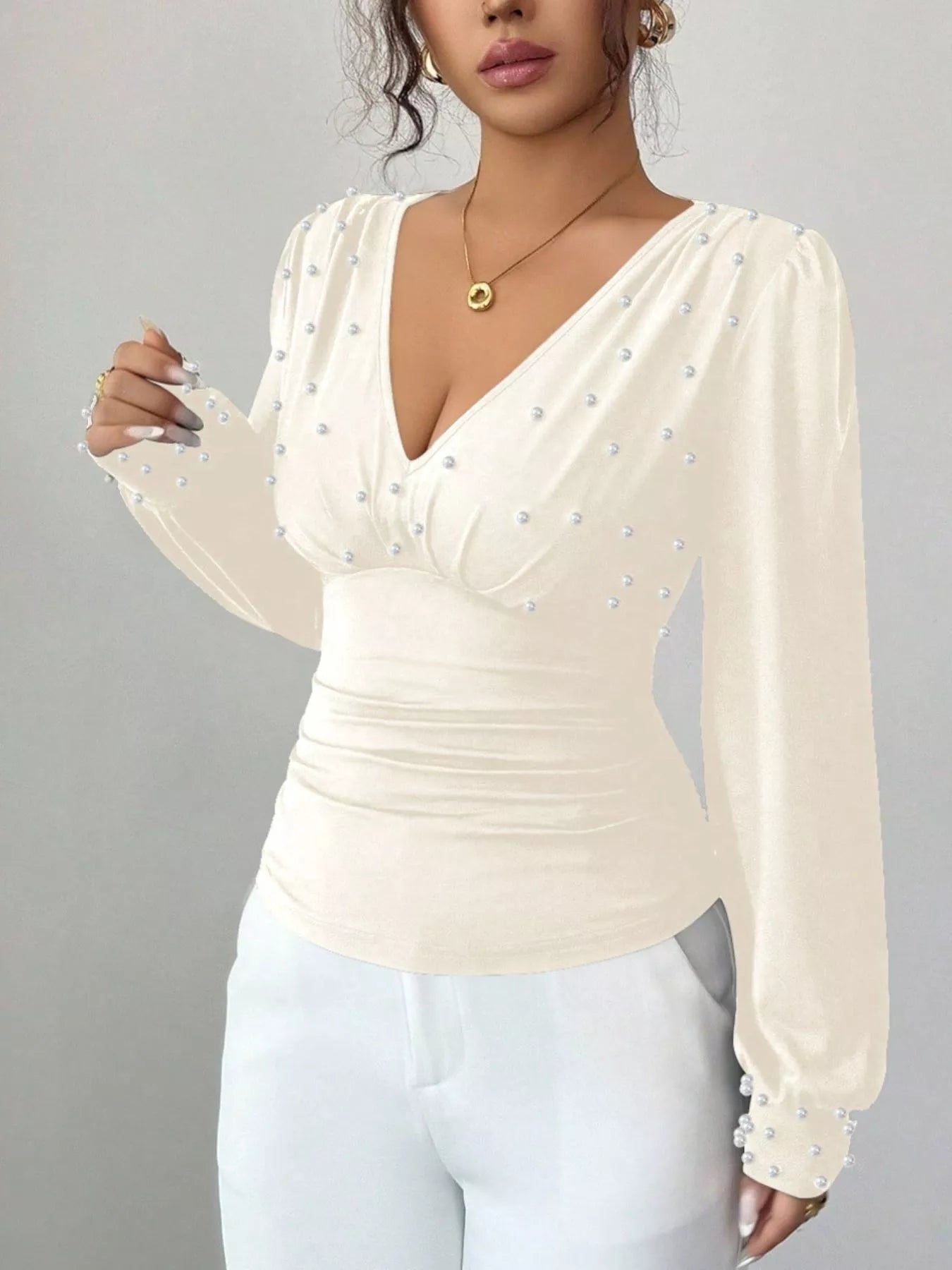 Pearl Embellished V - Neck Blouse - StyleLure