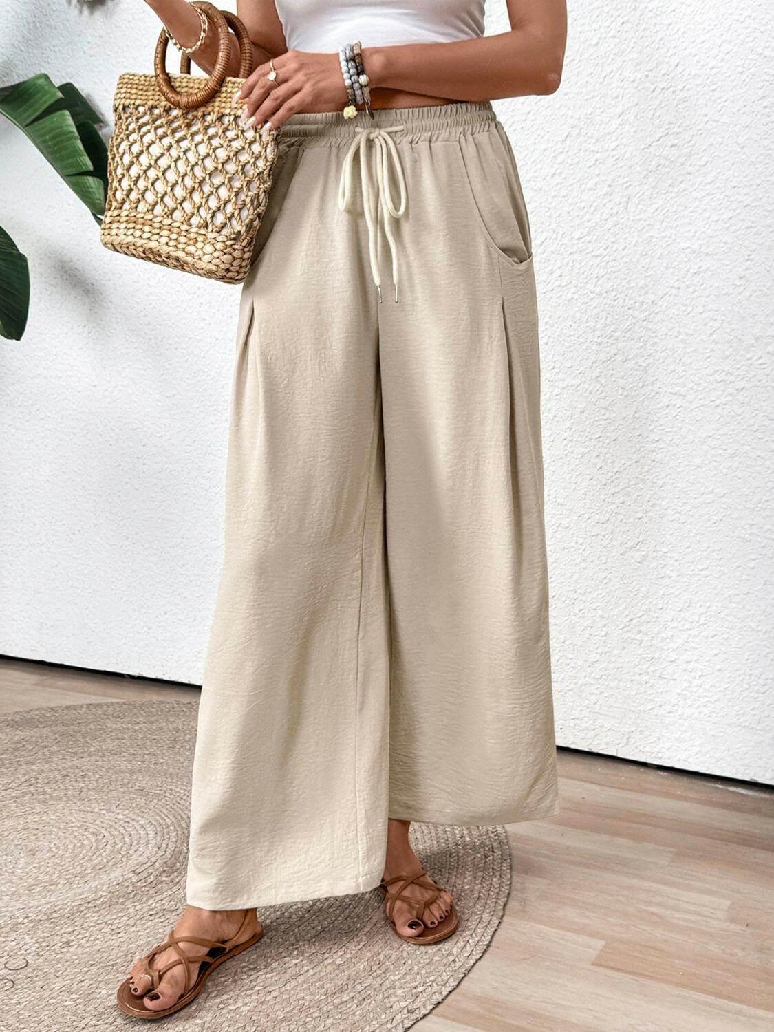 Perfee Drawstring Wide Leg Pants - StyleLure