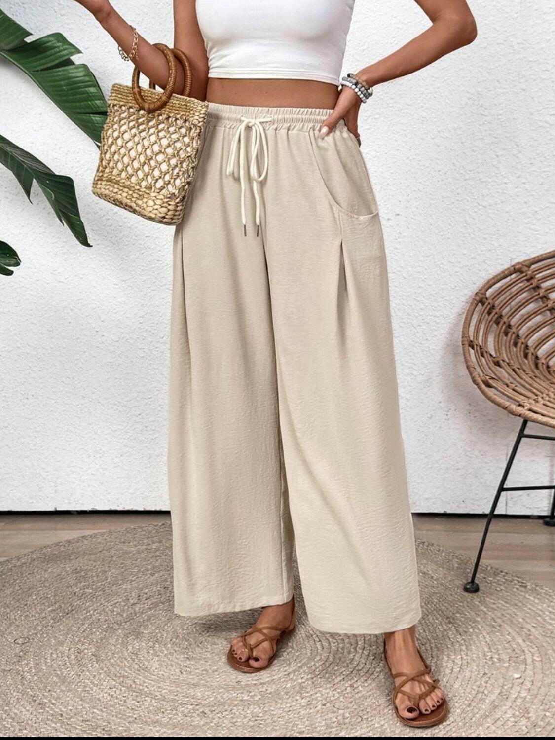 Perfee Drawstring Wide Leg Pants - StyleLure