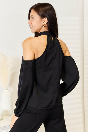 Perfee Grecian Cold Shoulder Long Sleeve Blouse - StyleLure