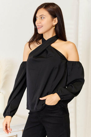 Perfee Grecian Cold Shoulder Long Sleeve Blouse - StyleLure