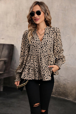 Perfee Notched Lantern Sleeve Tiered Top - StyleLure