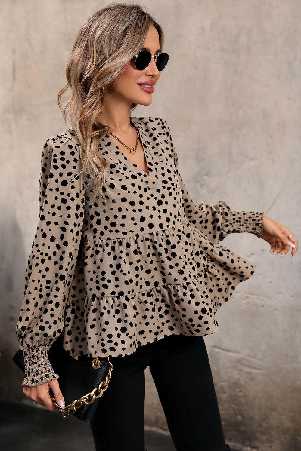 Perfee Notched Lantern Sleeve Tiered Top - StyleLure