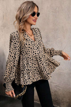 Perfee Notched Lantern Sleeve Tiered Top - StyleLure