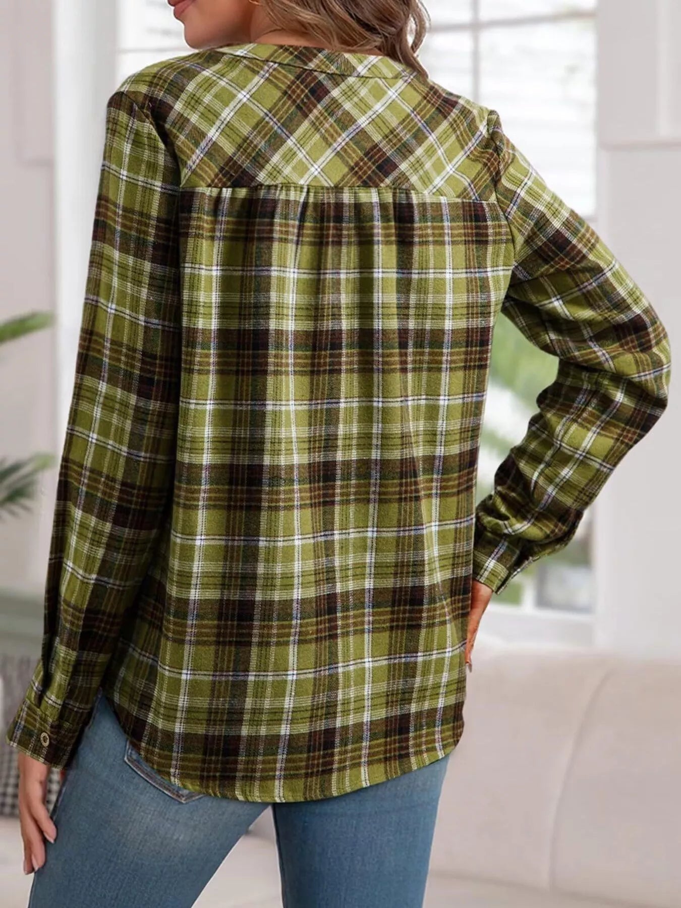 Plaid Half Button Long Sleeve Blouse - StyleLure