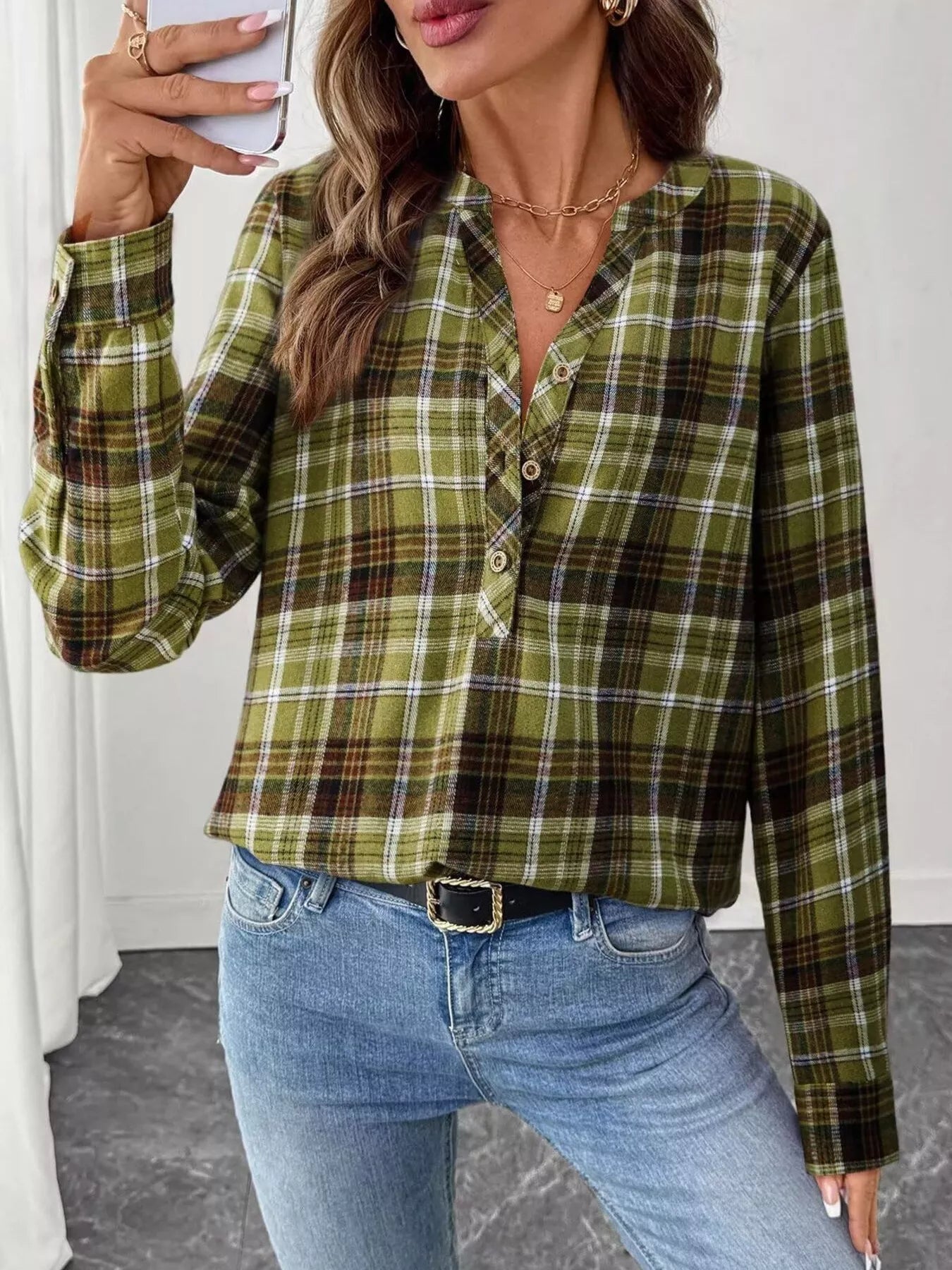 Plaid Half Button Long Sleeve Blouse - StyleLure