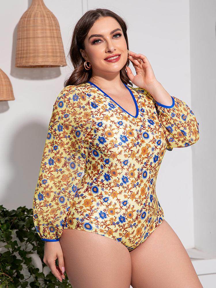 Plus Size Floral Open Back Long Sleeve One - Piece Swimsuit - StyleLure