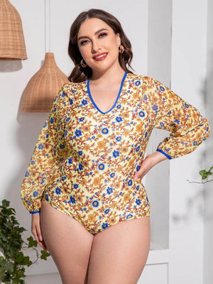 Plus Size Floral Open Back Long Sleeve One - Piece Swimsuit - StyleLure
