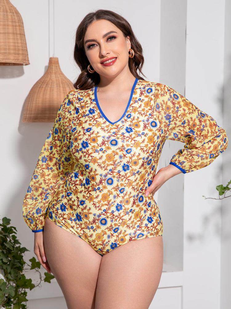 Plus Size Floral Open Back Long Sleeve One - Piece Swimsuit - StyleLure