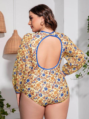 Plus Size Floral Open Back Long Sleeve One - Piece Swimsuit - StyleLure