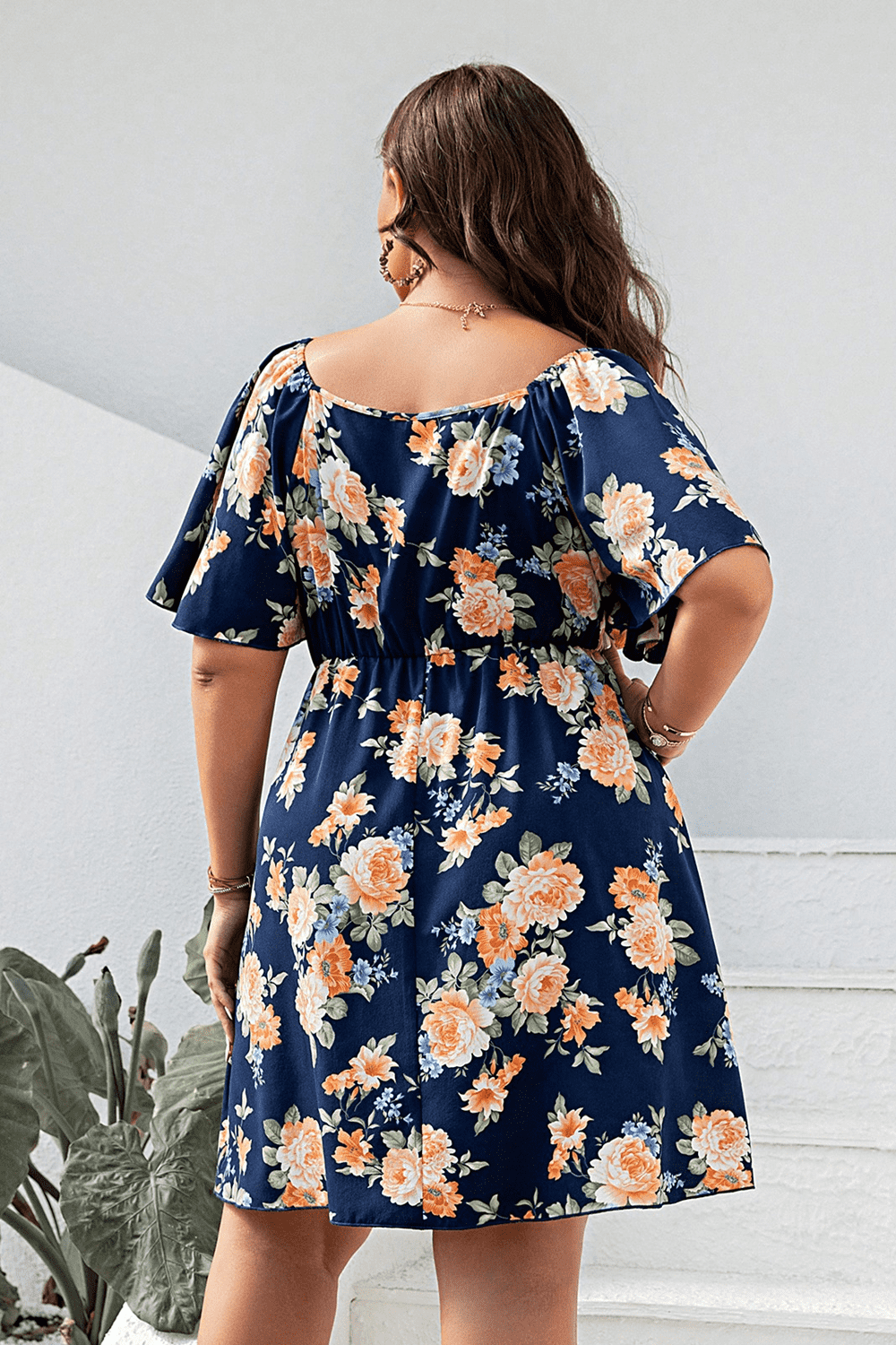Plus Size Floral Print V - Neck Flutter Sleeve Mini Dress - StyleLure