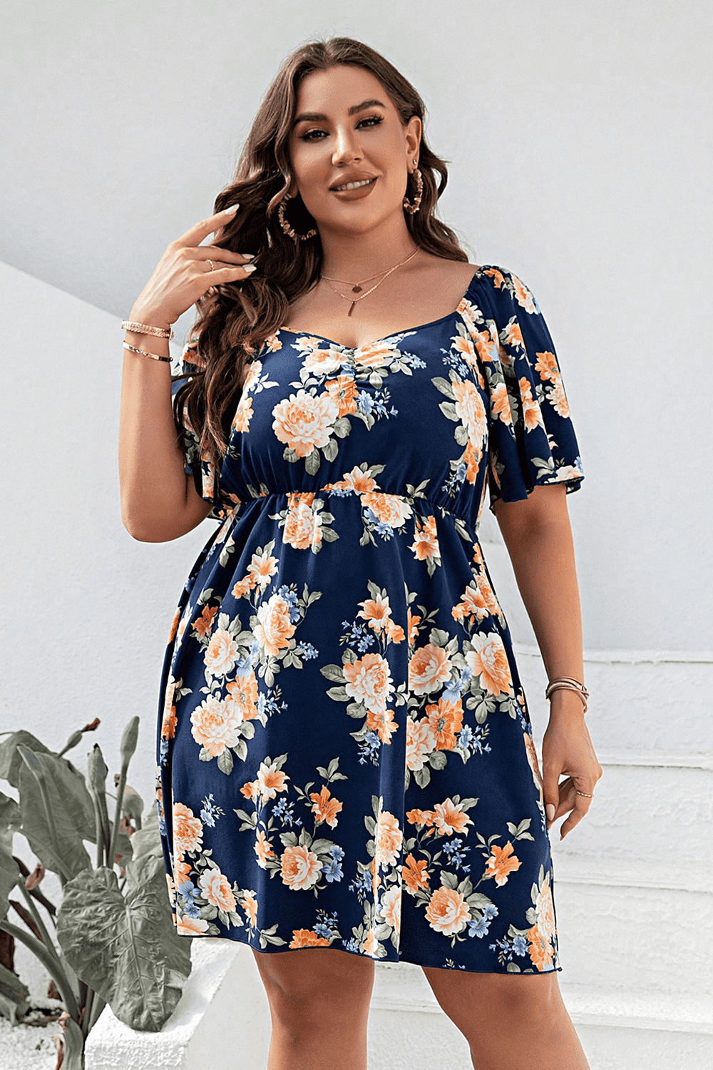 Plus Size Floral Print V - Neck Flutter Sleeve Mini Dress - StyleLure