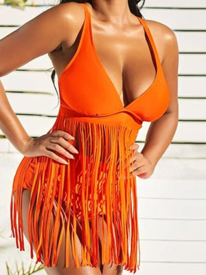 Plus Size Fringe V - Neck Tankini Swim Set - StyleLure