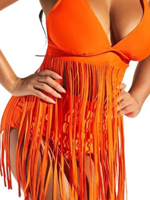 Plus Size Fringe V - Neck Tankini Swim Set - StyleLure