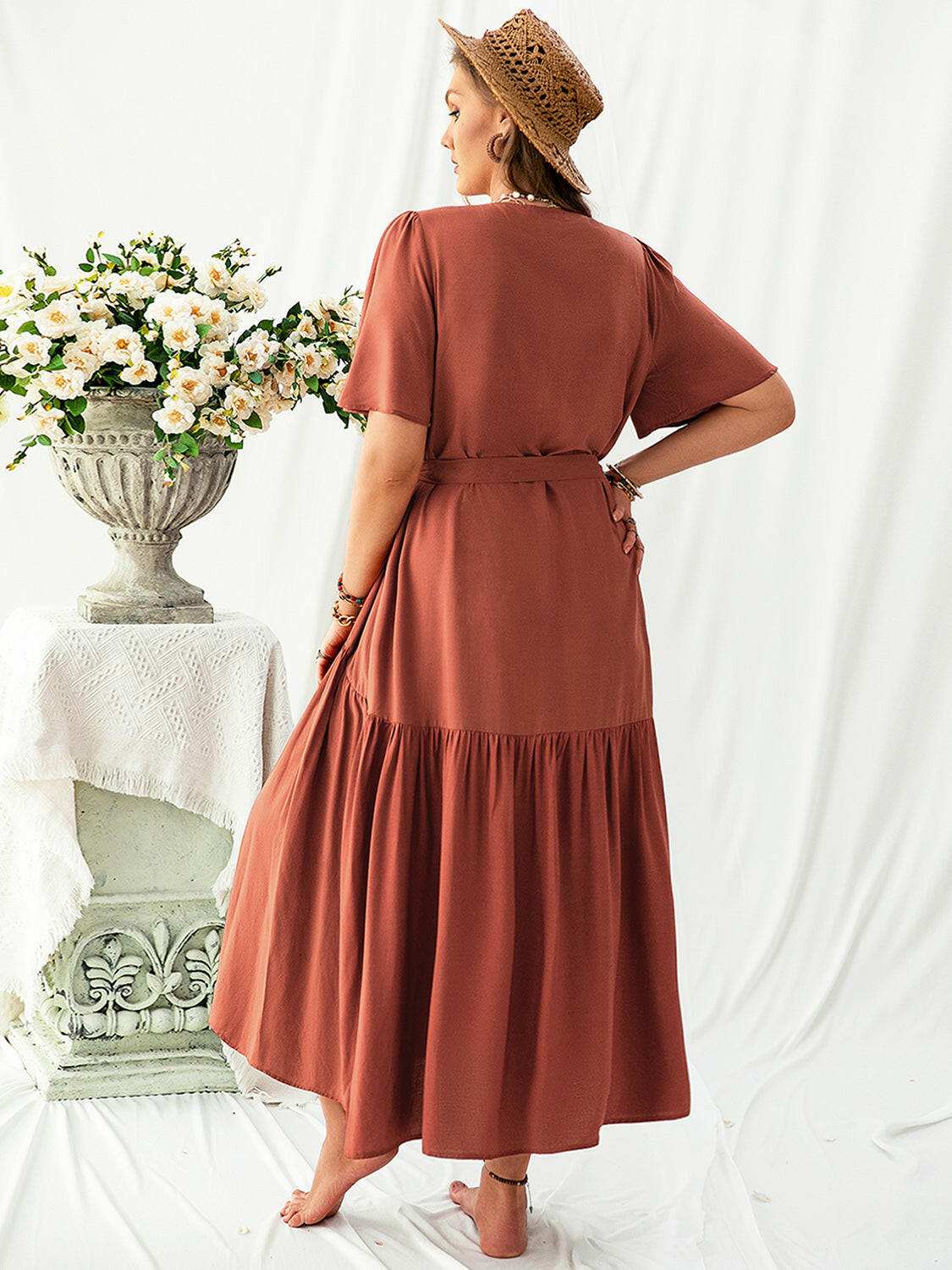 Plus Size V - Neck Flutter Sleeve Midi Dress - StyleLure