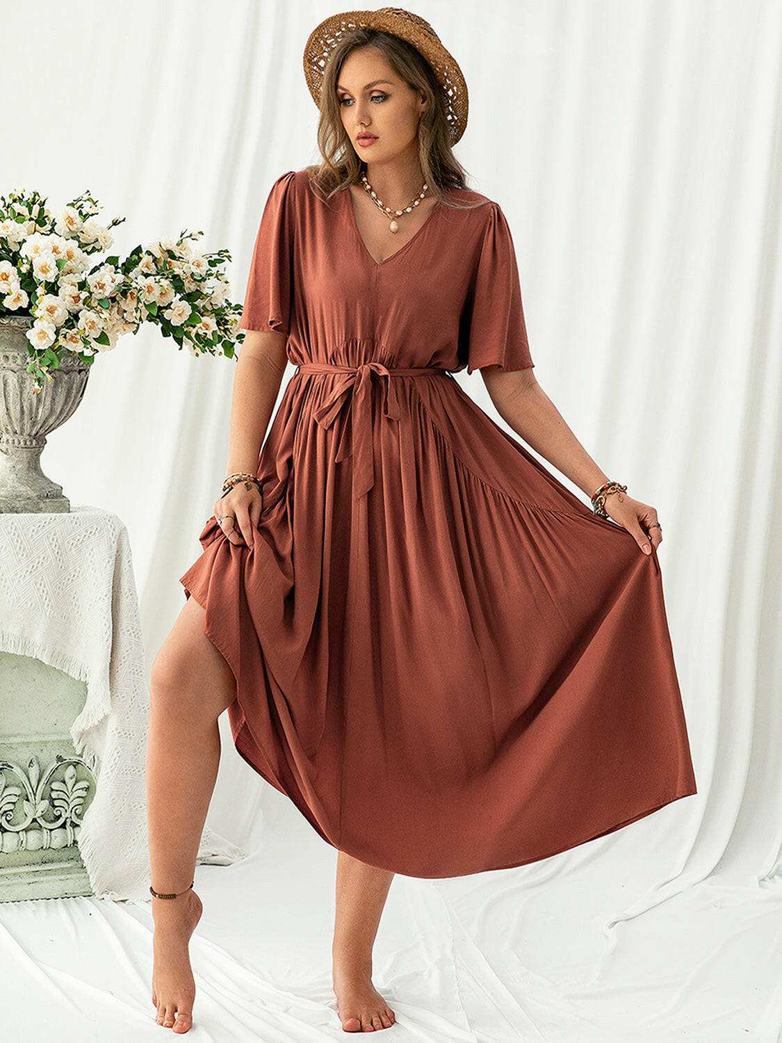 Plus Size V - Neck Flutter Sleeve Midi Dress - StyleLure