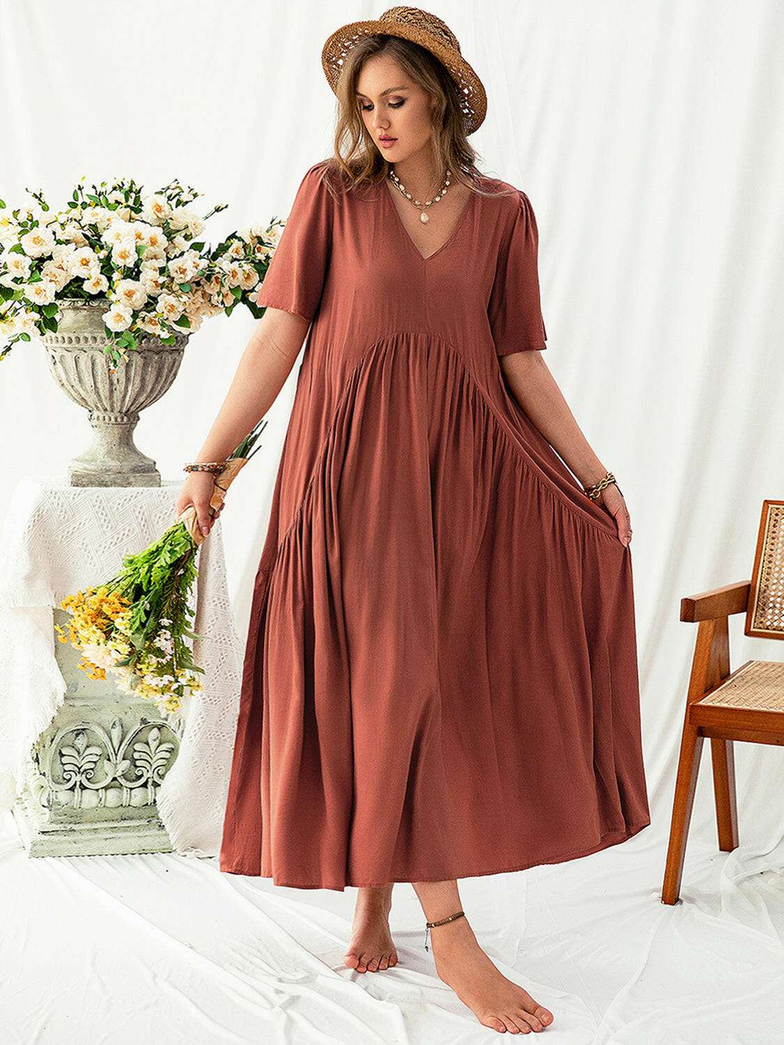Plus Size V - Neck Flutter Sleeve Midi Dress - StyleLure