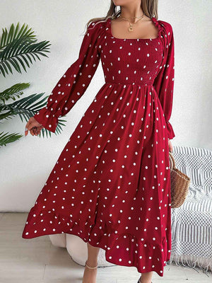 Polka Dot Flounce Sleeve Midi Dress - StyleLure