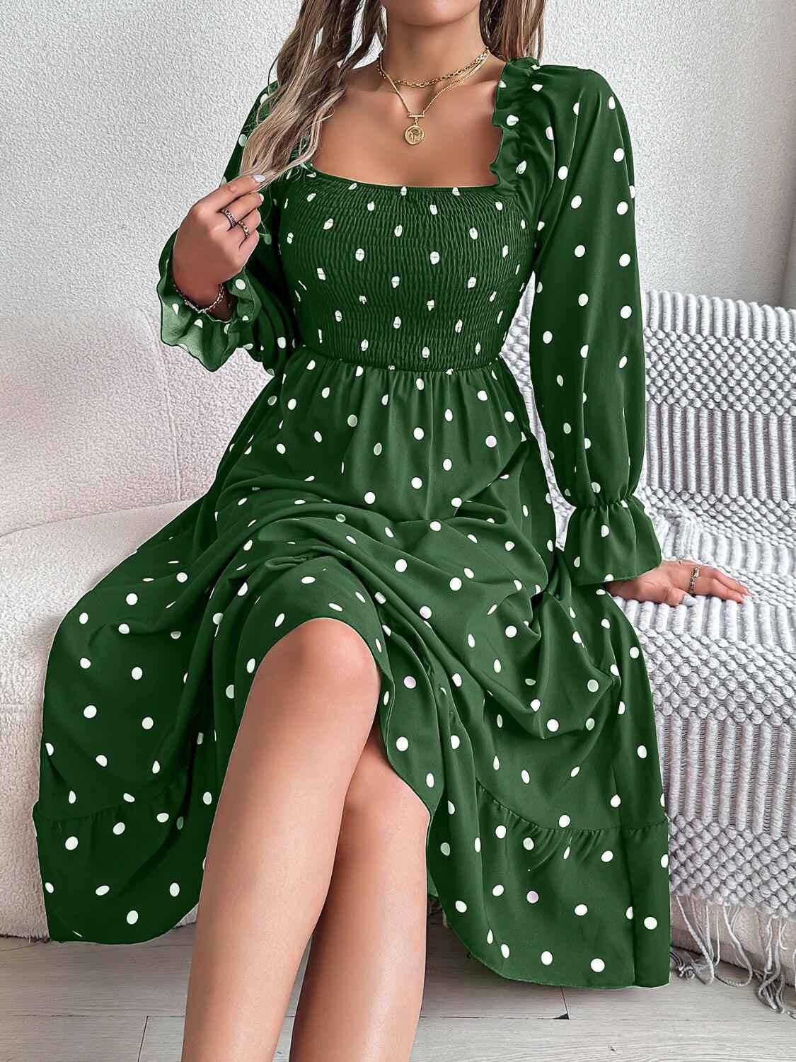 Polka Dot Flounce Sleeve Midi Dress - StyleLure