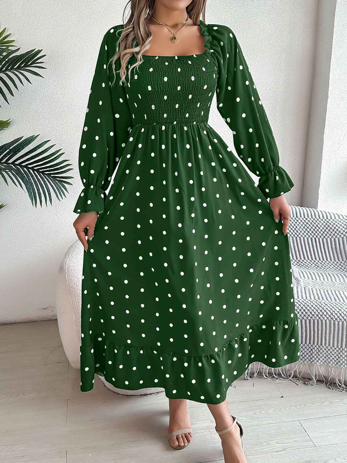 Polka Dot Flounce Sleeve Midi Dress - StyleLure