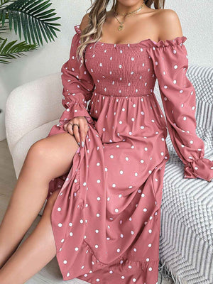 Polka Dot Flounce Sleeve Midi Dress - StyleLure