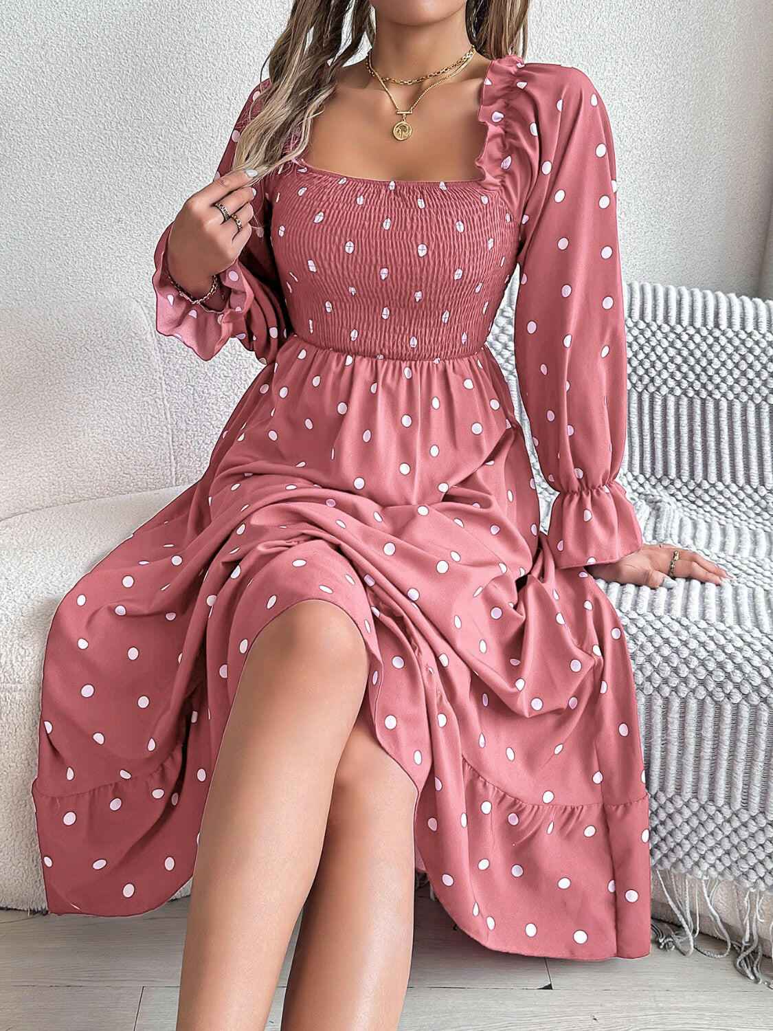 Polka Dot Flounce Sleeve Midi Dress - StyleLure