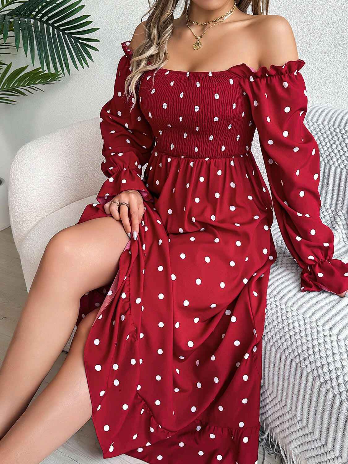 Polka Dot Flounce Sleeve Midi Dress - StyleLure