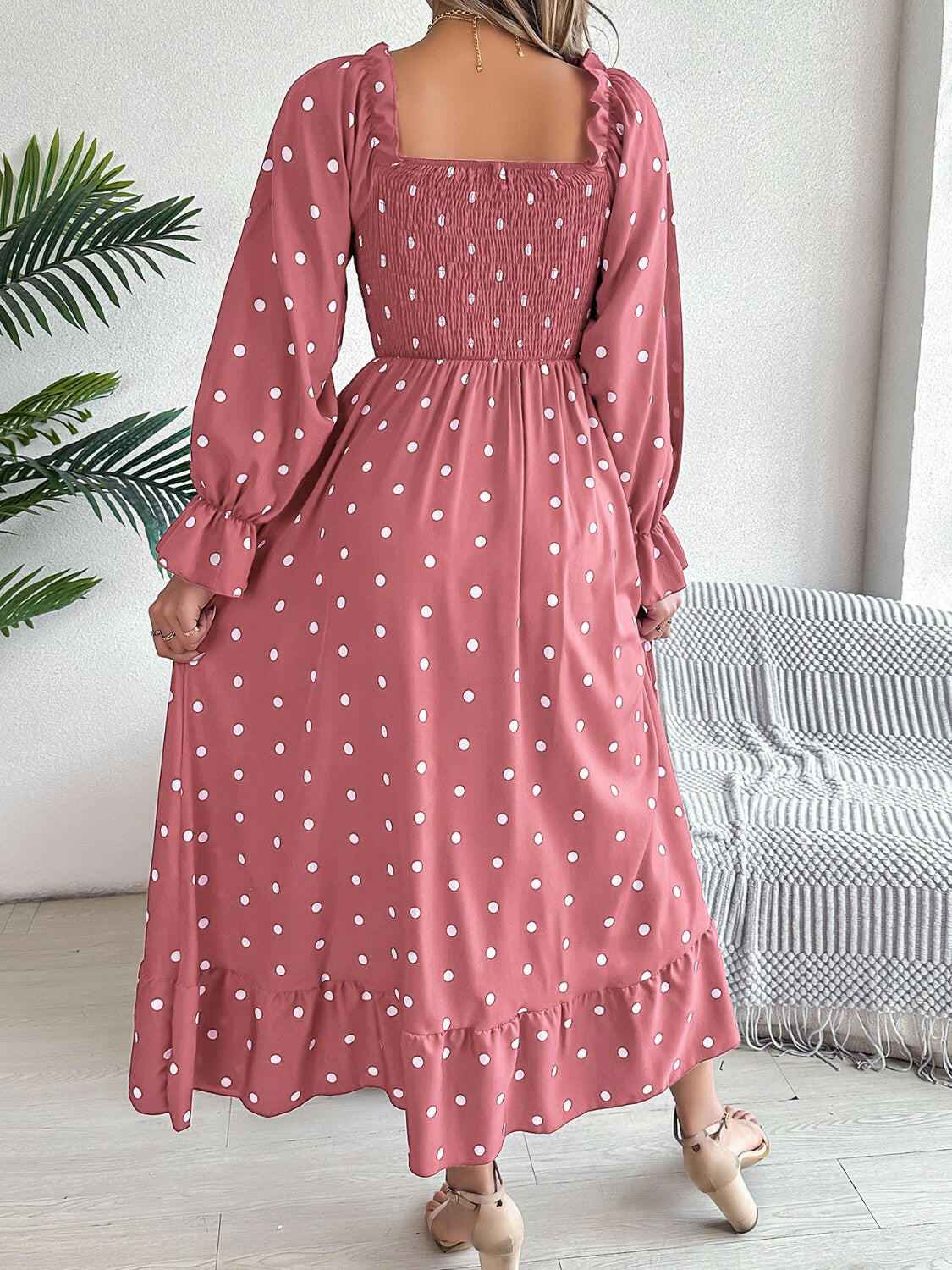 Polka Dot Flounce Sleeve Midi Dress - StyleLure