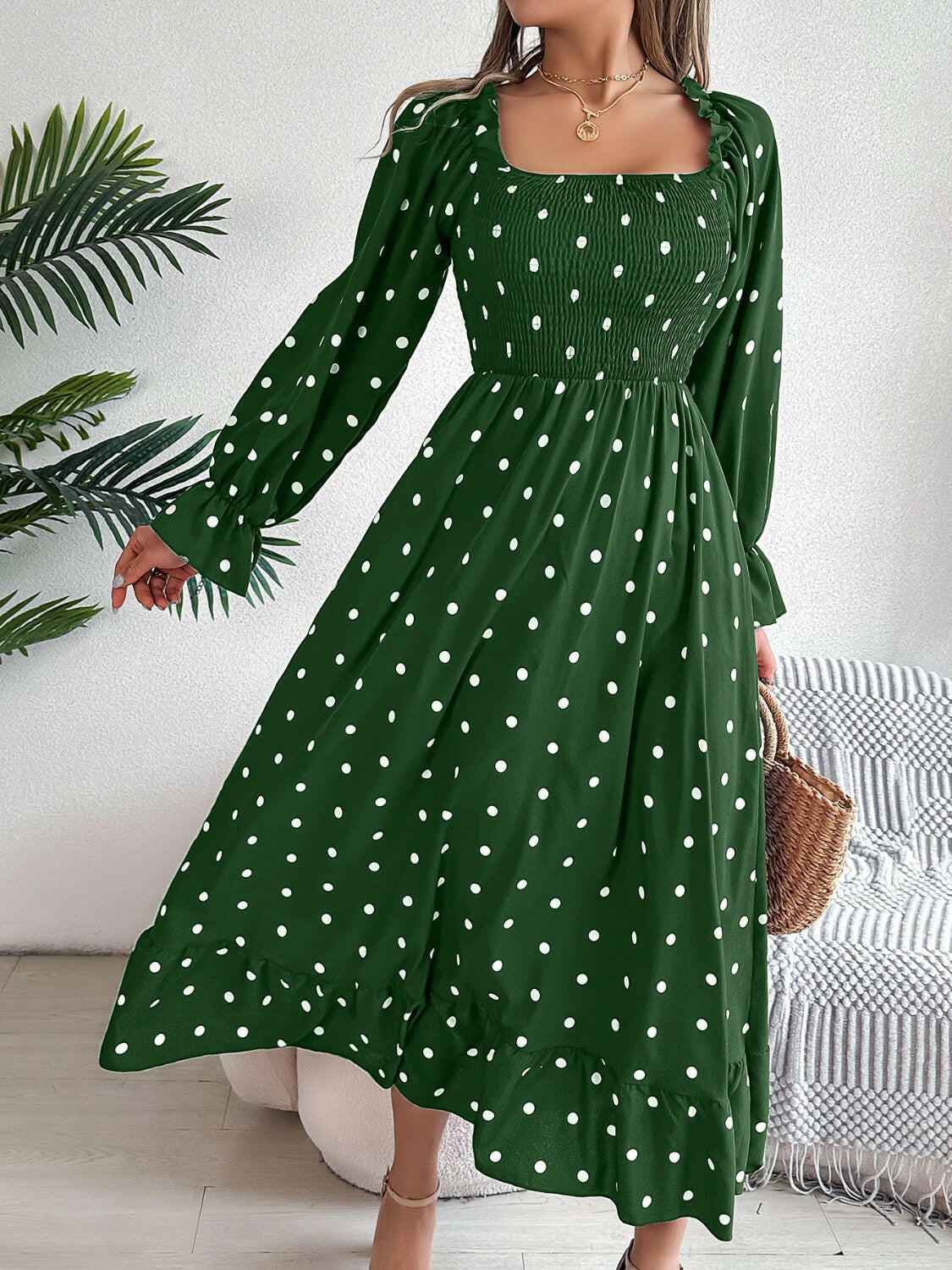 Polka Dot Flounce Sleeve Midi Dress - StyleLure