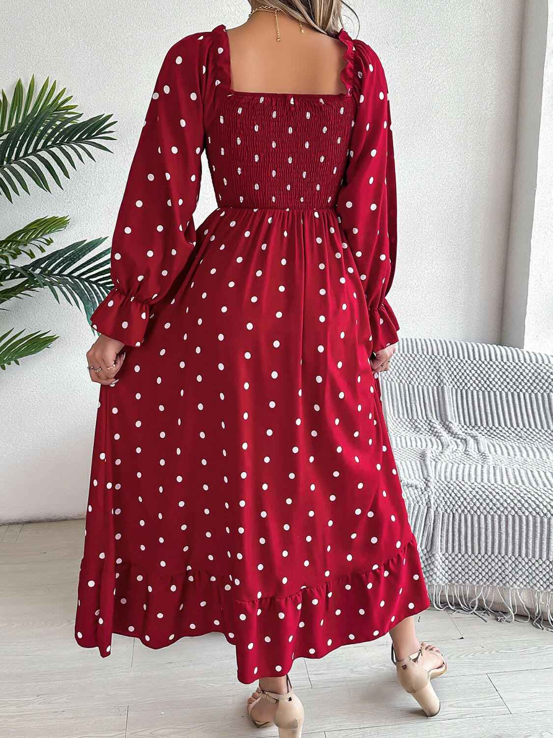 Polka Dot Flounce Sleeve Midi Dress - StyleLure