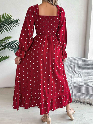 Polka Dot Flounce Sleeve Midi Dress - StyleLure