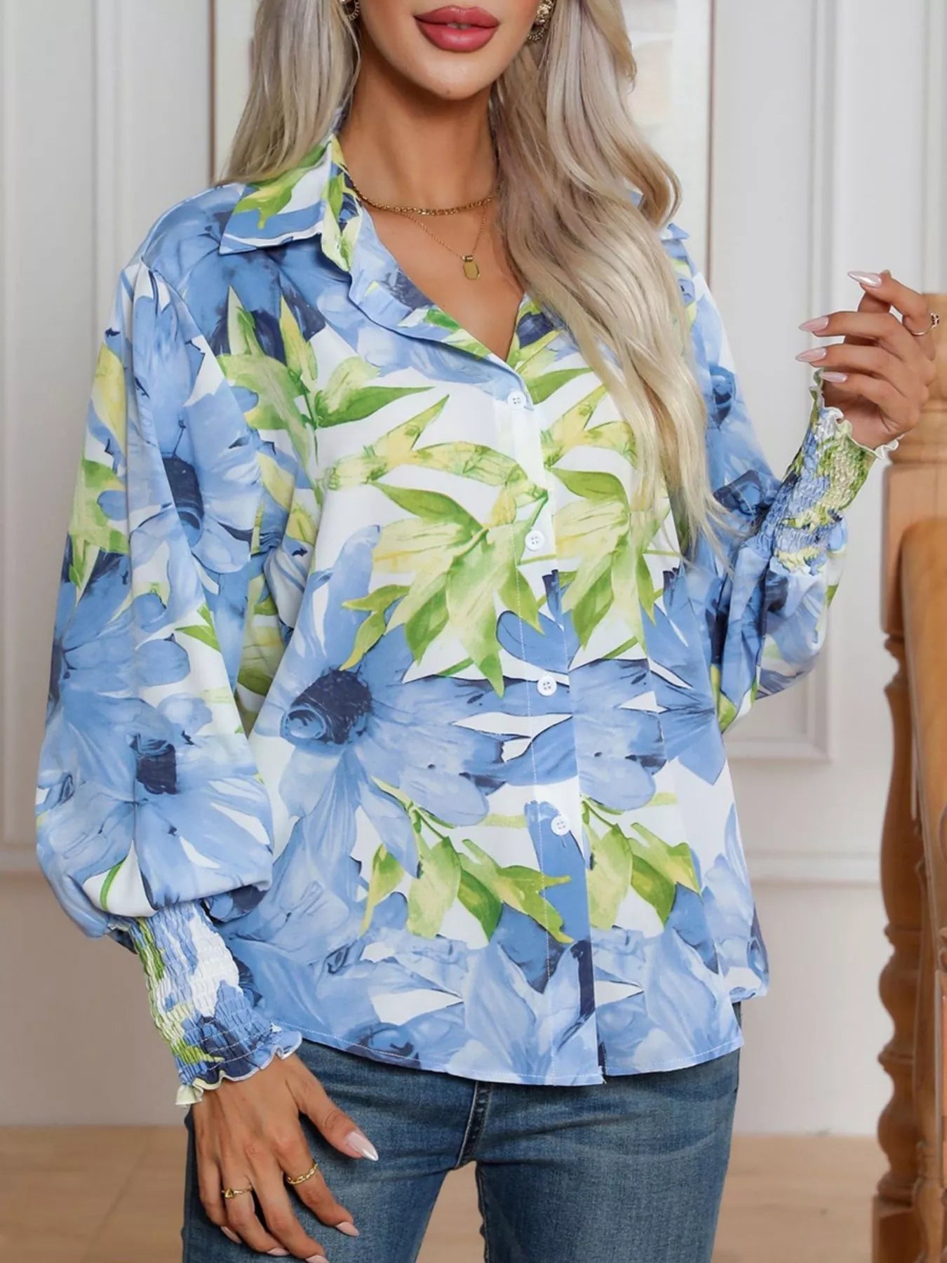 Printed Button Up Long Sleeve Shirt - StyleLure