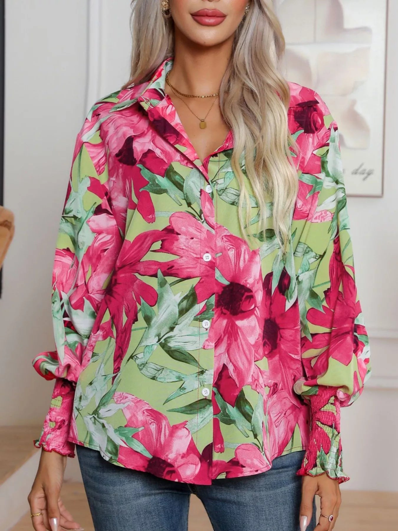 Printed Button Up Long Sleeve Shirt - StyleLure