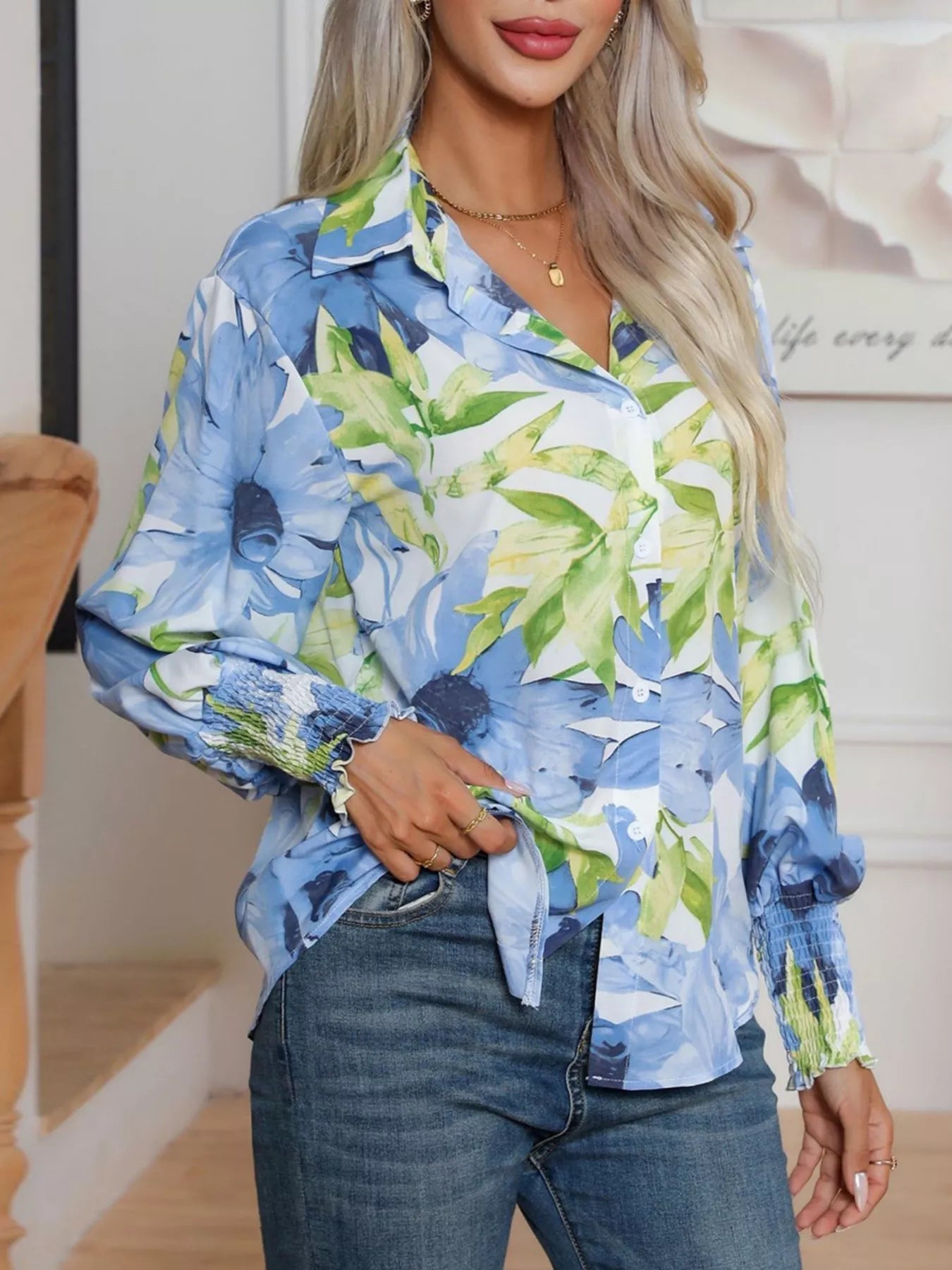 Printed Button Up Long Sleeve Shirt - StyleLure