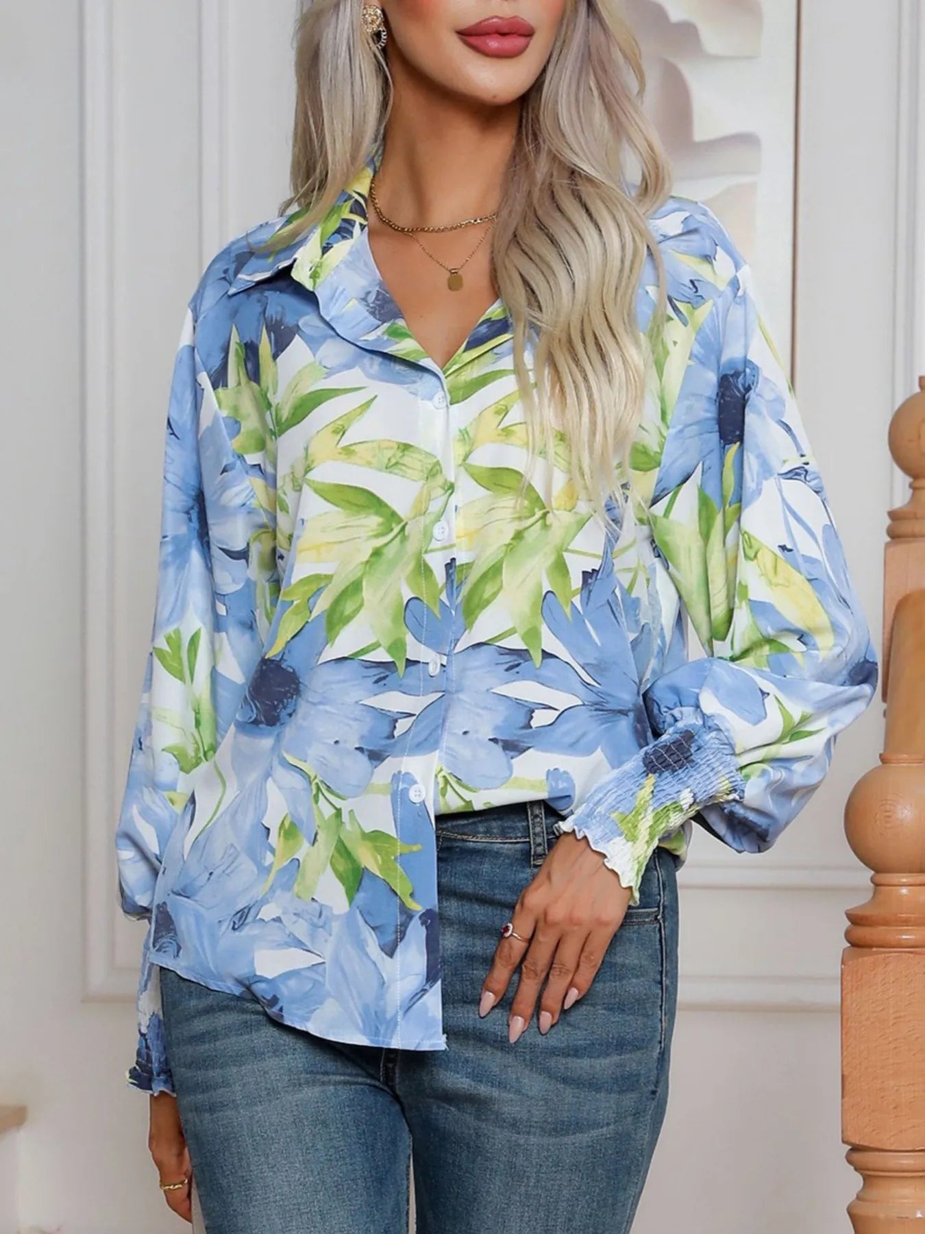 Printed Button Up Long Sleeve Shirt - StyleLure