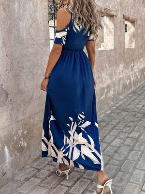 Printed Cold Shoulder Short Sleeve Maxi Dress - StyleLure