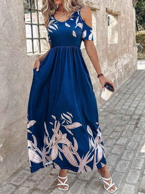 Printed Cold Shoulder Short Sleeve Maxi Dress - StyleLure