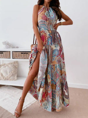 Printed Halter Neck Maxi Dress - StyleLure