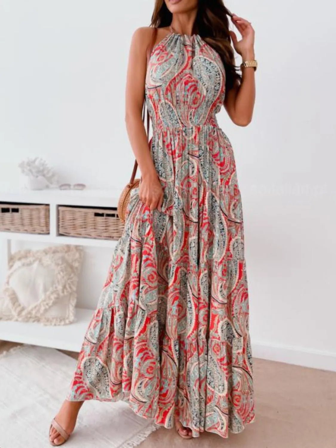Printed Halter Neck Maxi Dress - StyleLure