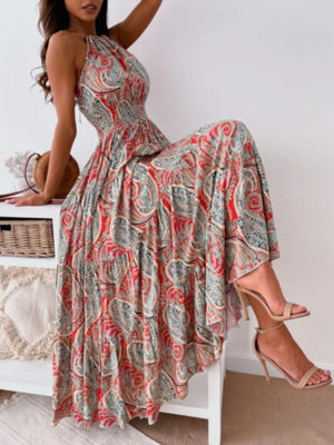 Printed Halter Neck Maxi Dress - StyleLure