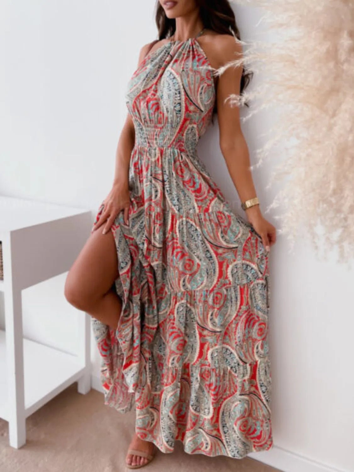 Printed Halter Neck Maxi Dress - StyleLure