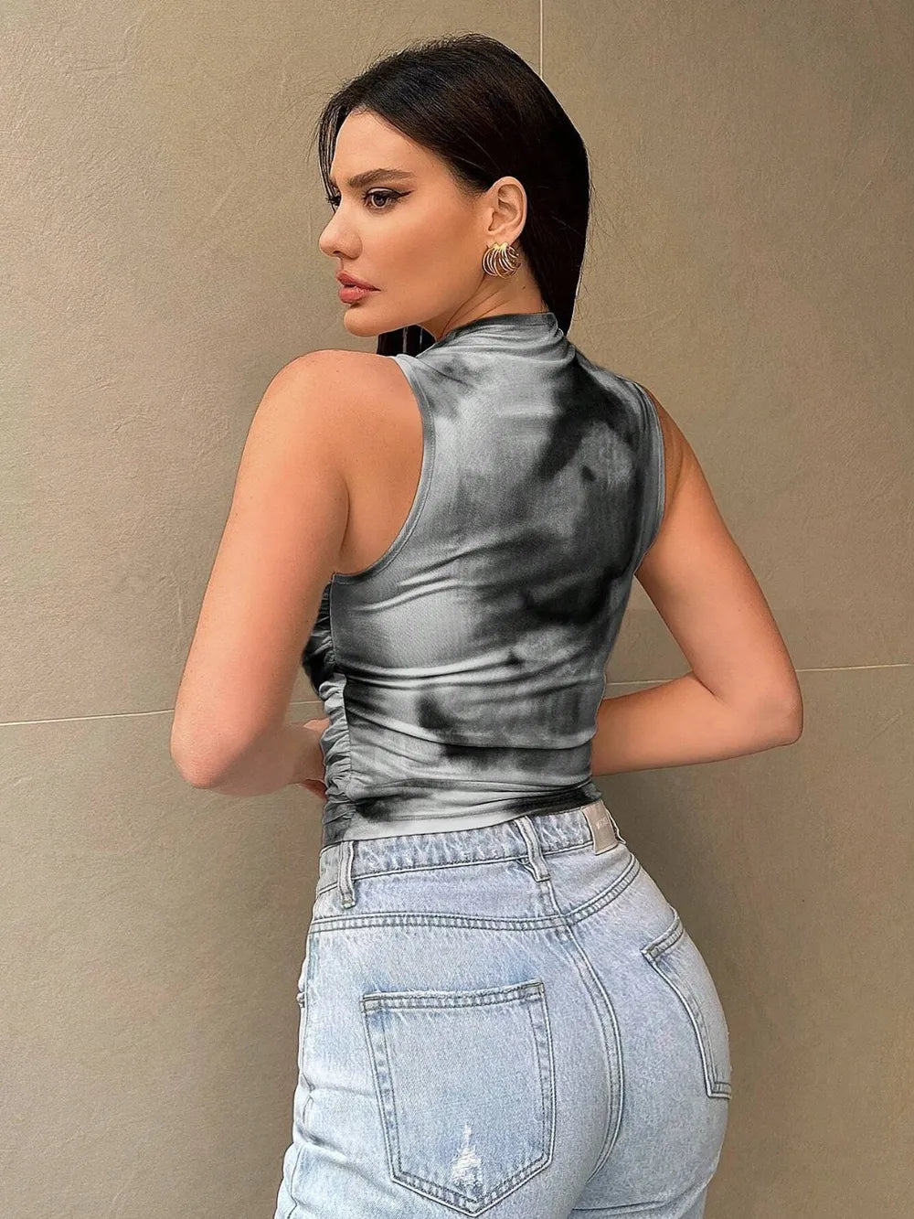 Printed Mock Neck Ruched Tank - StyleLure