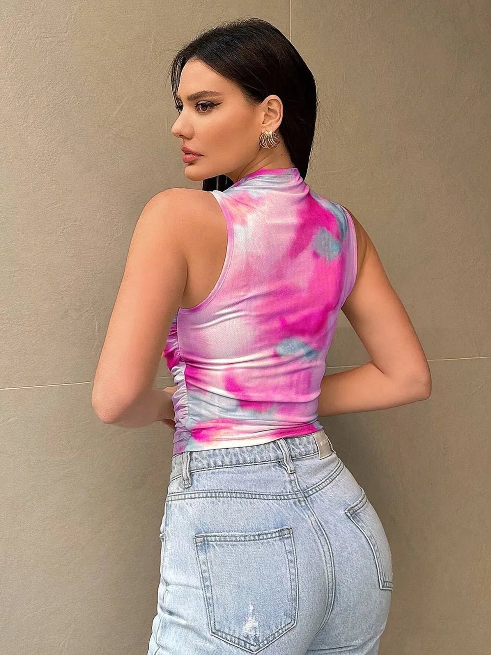 Printed Mock Neck Ruched Tank - StyleLure