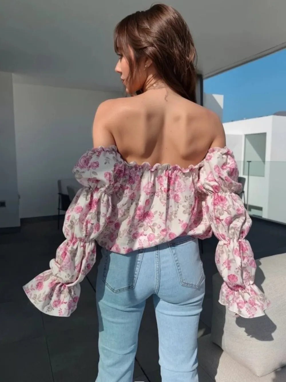 Printed Off - Shoulder Flounce Sleeve Blouse - StyleLure