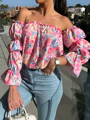 Printed Off - Shoulder Flounce Sleeve Blouse - StyleLure