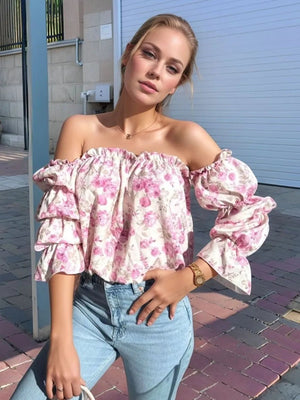 Printed Off - Shoulder Flounce Sleeve Blouse - StyleLure